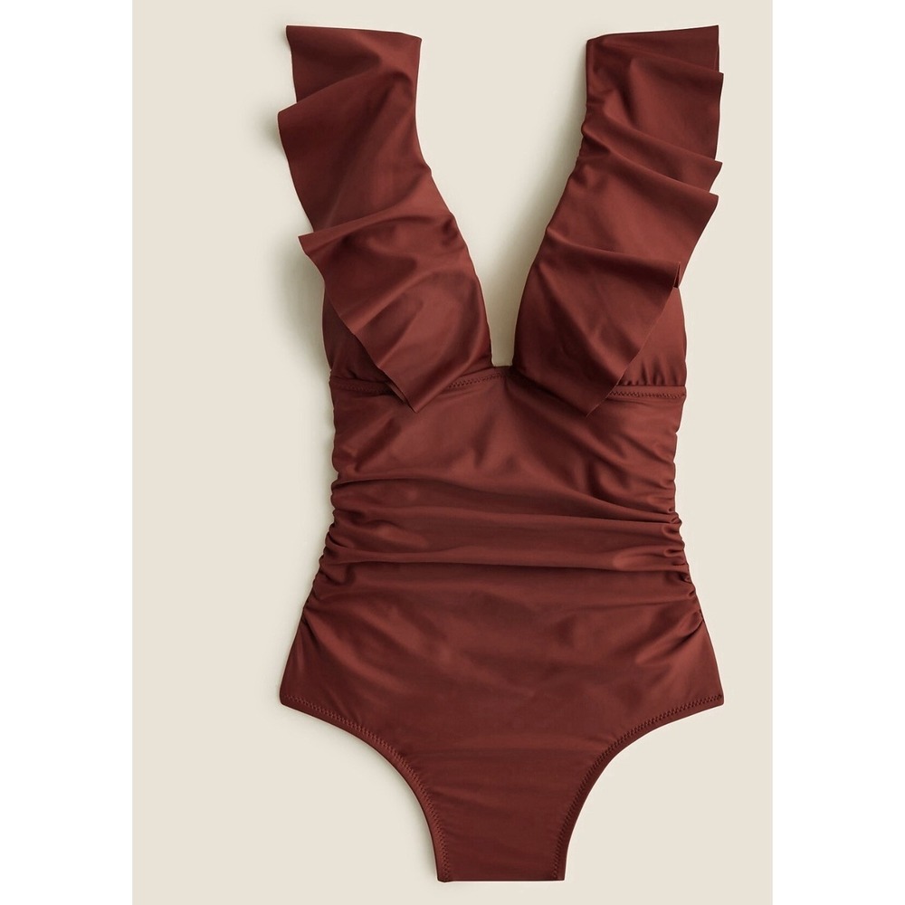 J Crew Womens Ruched Ruffle One Piece Swimsuit Size 8 Sienna Orange Brown NWT